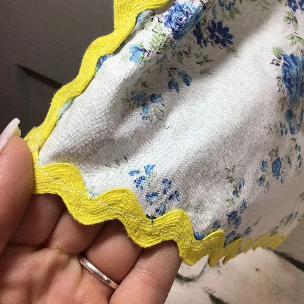 Apron Vintage Handmade Blue Floral Print Yellow Rick‎ Rack Trim
